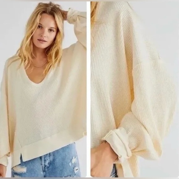NWT Free People M Santa Clara Thermal in Alabaster White Top New V-Neck $78 ret. - Picture 2 of 7